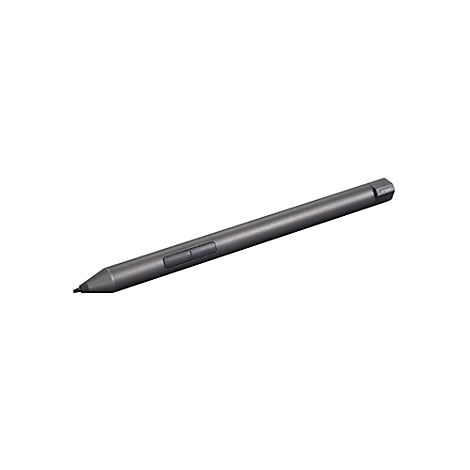 Ein grauer Lenovo-Eingabestift vor weißem Hintergrund mit zwei seitlichen Tasten.