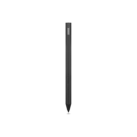 Schwarzer Lenovo-Stift. Schlanker, zylindrischer Stift mit zwei Knöpfen, Spitze und Lenovo-Logo.