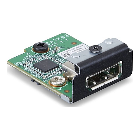 Nahaufnahme eines USB-Anschlusses auf einer grünen Platine. Aufgedruckte Schriftzüge und Schrauben sind sichtbar.