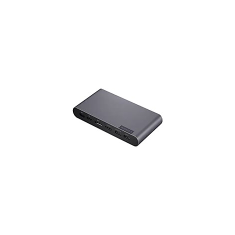 Grauer Laptop-Hub mit verschiedenen AnschlÃ¼ssen.