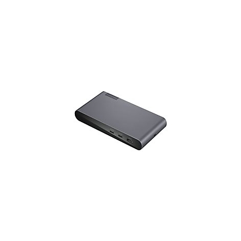 Dunkelgraue Powerbank mit abgerundeten Ecken und Logo, USB-AnschlÃ¼ssen und einer Ladeanzeige.