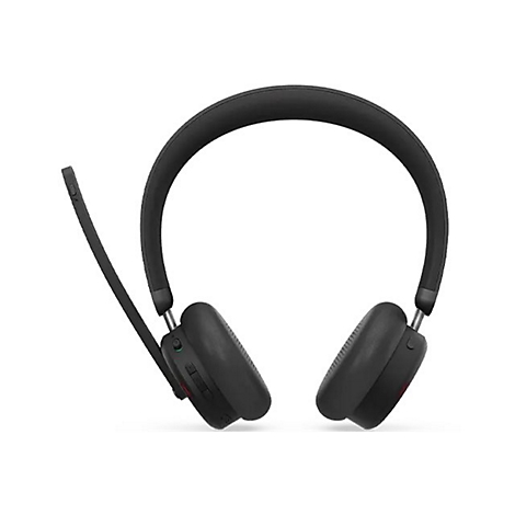 Casque supra-auriculaire noir avec bras de microphone, sur fond blanc.