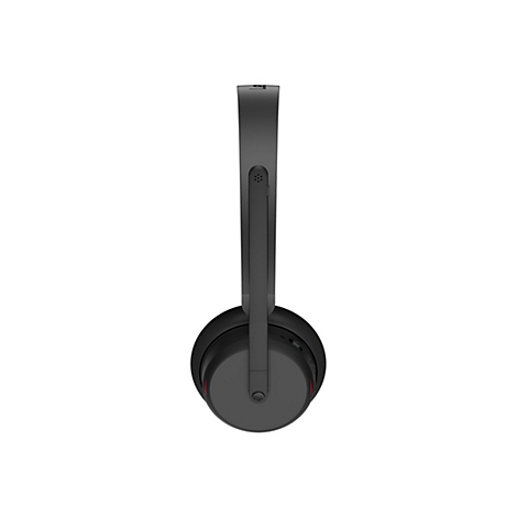 Casque gris foncé de profil, avec l'arceau vers le haut. Des détails tels que les ouvertures du microphone et les boutons de commande sont visibles.