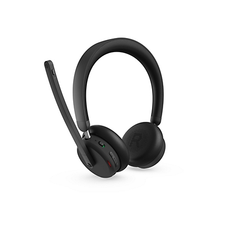 Casque noir avec microphone sur fond blanc. Le casque a un design circulaire et un microphone réglable.