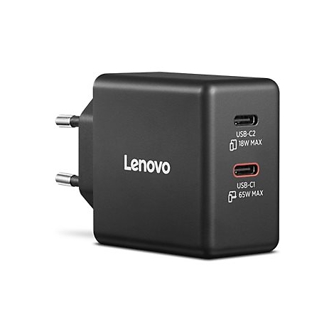 Schwarzes Lenovo-Ladegerät mit USB-C-Anschlüssen. Aufschrift: USB-C2 18W MAX und USB-C1 65W MAX.