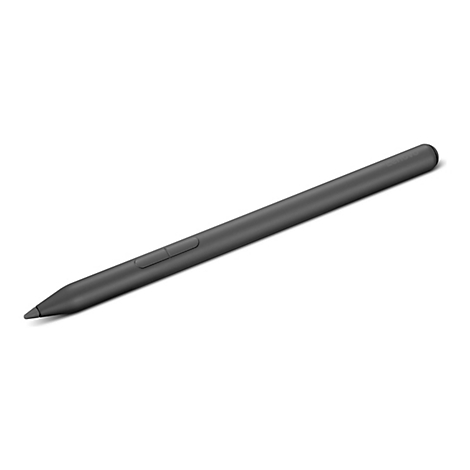 Un stylet Lenovo gris sur fond blanc. Le stylet a une forme allongée, un bouton et une pointe.