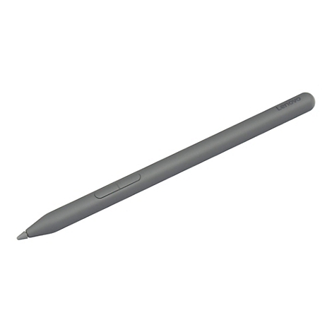 Stylet Lenovo gris, légèrement incliné, sur fond blanc. Lenovo est écrit en haut.