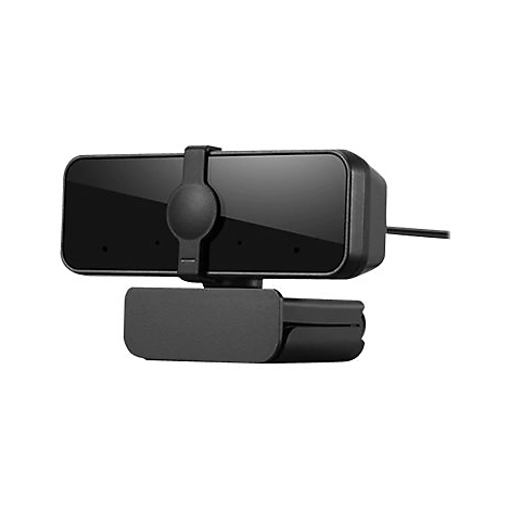 Webcam noire avec support, câble. Sur fond blanc.