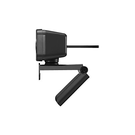 Webcam noire, vue latérale. Tête de caméra rectangulaire, support et support.