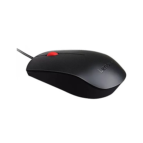Schwarze Computermaus mit roter Scrollrad, Kabel. Auf der Oberseite steht Lenovo.