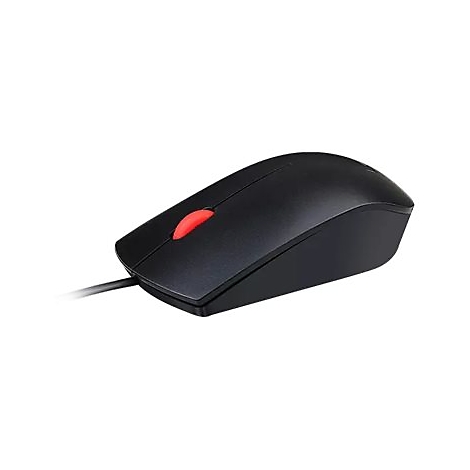 Schwarze Computermaus mit rotem Scrollrad. Die Maus hat ein Kabel.