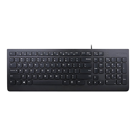 Schwarze Lenovo-Tastatur in Draufsicht mit vollständigem Tastenfeld vor weißem Hintergrund.