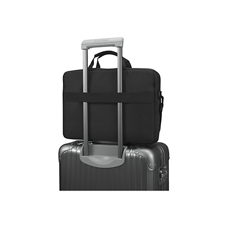 Sacoche d'ordinateur portable noire sur une valise grise, avec poignée déployée.