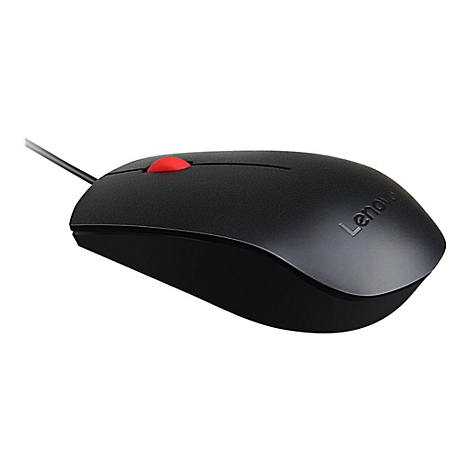 Souris Lenovo noire avec bouton rouge, câble, et fond blanc.