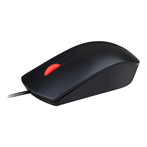 Souris d'ordinateur noire avec molette rouge, gros plan.