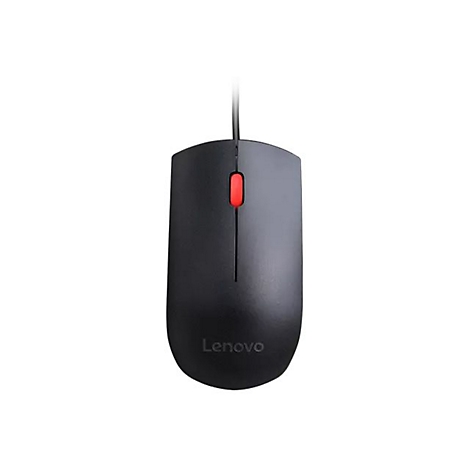 Souris Lenovo noire avec molette rouge. Le câble pointe vers le haut.