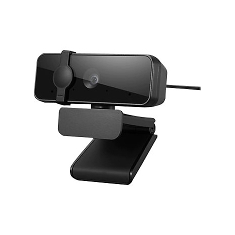 Schwarze Webcam mit Halterung und Linse, vor weißem Hintergrund. Eine runde Halterung ist oben angebracht.