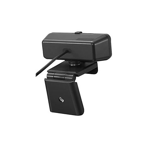 Schwarze Webcam, montiert auf einem verstellbaren Halter. Ein Kabel ist angeschlossen.