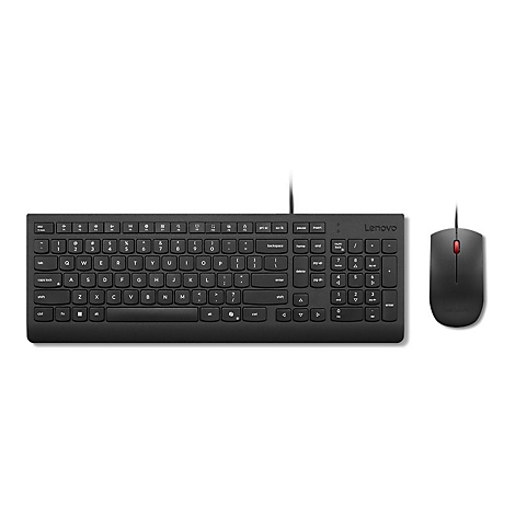 Schwarzes kabelgebundenes Lenovo Tastatur- und Maus-Set vor weißem Hintergrund.