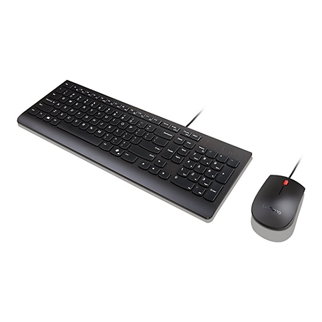 Schwarzes kabelgebundenes Lenovo Tastatur- und Maus-Set vor weißem Hintergrund.