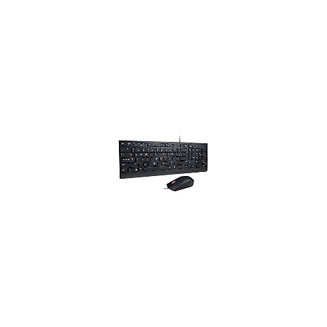 Schwarzes kabelgebundenes Tastatur- und Mausset vor weißem Hintergrund.