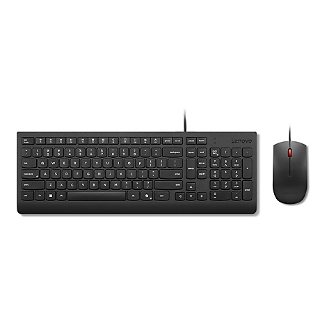 Schwarze Lenovo Tastatur und Maus auf weißem Grund. Die Tastatur hat ein klassisches Layout, die Maus einen roten Klick.