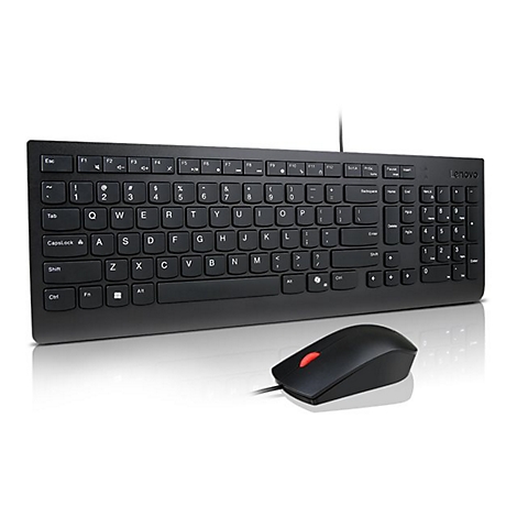 Schwarzes kabelgebundenes Lenovo Tastatur-Maus-Set vor weißem Hintergrund mit Reflexion.