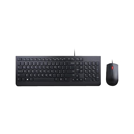 Schwarze Tastatur und Maus vor weiÃŸem Hintergrund. Die Maus hat ein rotes Mausrad.