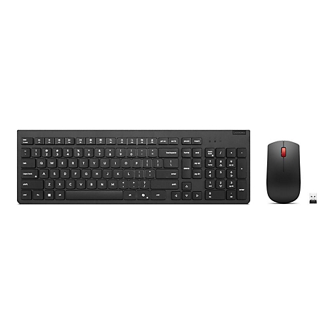 Schwarzes drahtloses Lenovo-Tastatur- und -Maus-Set. Die Maus hat ein rotes Scrollrad. Beide Produkte sind auf weißem Hintergrund.