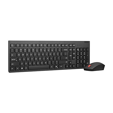Schwarze Lenovo Tastatur und Maus auf weißem Grund. Tastatur mit Tasten und Maus mit rotem Scrollrad.