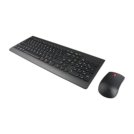 Schwarzes kabelloses Tastatur- und Maus-Set von Lenovo auf weißem Hintergrund.