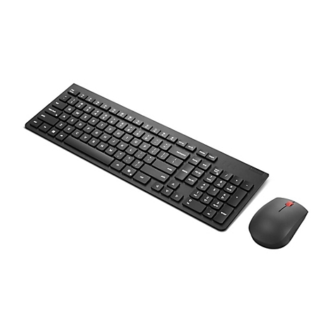 Schwarzes kabelloses Tastatur- und Maus-Set von Lenovo auf weißem Hintergrund.
