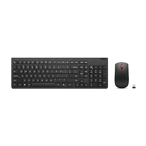 Schwarzes drahtloses Lenovo-Tastatur- und Maus-Set, Tastatur mit Tastenbeschriftung, Maus mit roter Taste, USB-Empfänger.