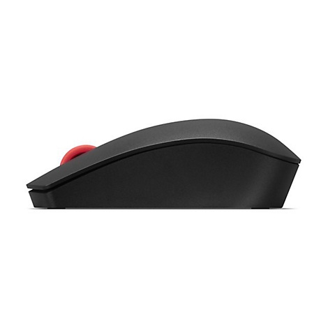 Schwarze kabellose Computermaus in Seitenansicht mit einem roten Mausrad auf weißem Hintergrund.