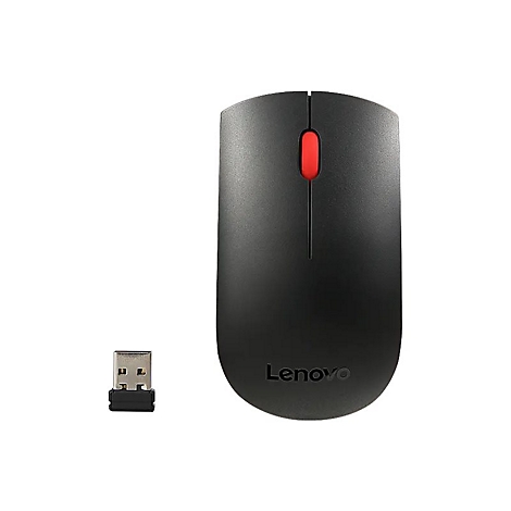 Schwarze Lenovo-Maus mit rotem Scrollrad und USB-Empfänger auf weißem Hintergrund.