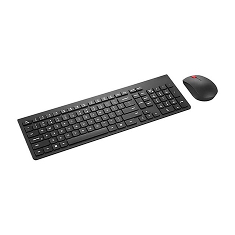 Schwarzes kabelloses Tastatur-Maus-Set. Die Tastatur ist rechteckig, die Maus oval.