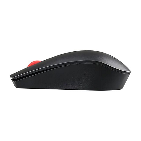Schwarze Computermaus mit roter Taste, Seitenansicht. Auf weißem Hintergrund.
