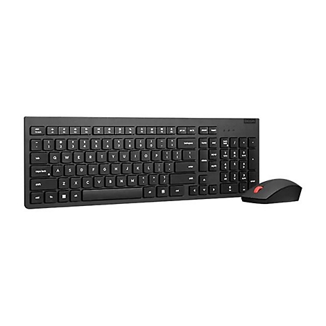 Schwarze Tastatur und Maus vor weißem Hintergrund. Die Tastatur hat weiße Buchstaben und Zahlen. Die Maus hat ein rotes Scrollrad.