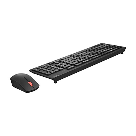 Schwarzes kabelloses Tastatur- und Maus-Set auf weißem Grund. Die Maus hat einen roten Knopf. 