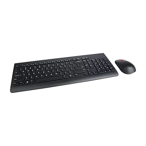 Schwarzes kabelloses Tastatur-Maus-Set auf weißem Hintergrund. Die Tastatur hat weiße Buchstaben, die Maus ein rotes Scrollrad.