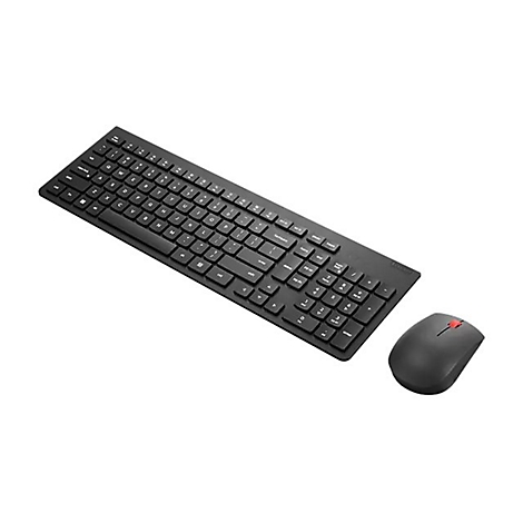 Schwarzes kabelloses Tastatur-Maus-Set auf weißem Hintergrund.
