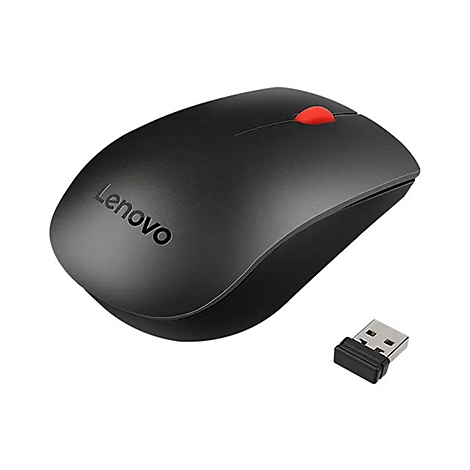 Drahtlose schwarze Lenovo Maus mit roter Scrollrad und USB-Dongle.