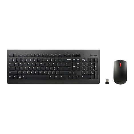 Schwarzes drahtloses Lenovo Tastatur- und Maus-Set mit USB-Empfänger auf weißem Hintergrund.