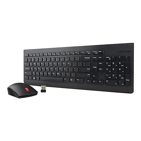 Schwarzes Lenovo Funk-Tastatur-Set mit Maus und USB-Empfänger auf weißem Hintergrund.