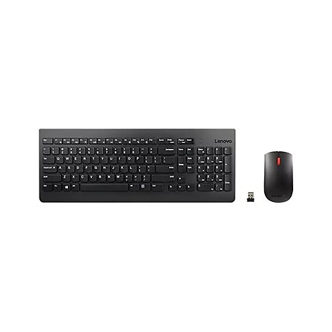 Schwarzes Lenovo Tastatur-Maus-Set mit USB-Empfänger auf weißem Hintergrund.