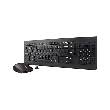 Schwarze Lenovo Tastatur und Maus-Set mit USB-Empfänger, isoliert auf weißem Hintergrund.