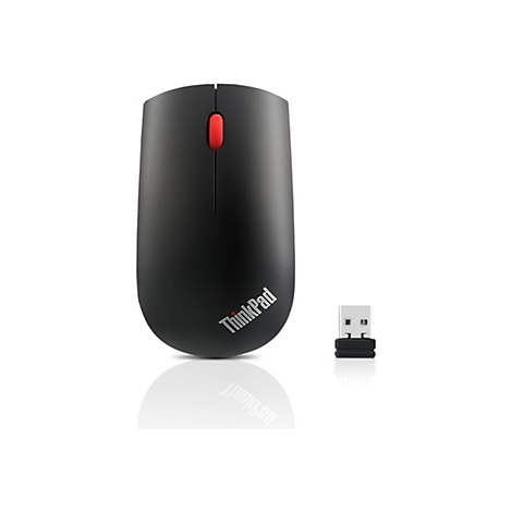 Souris ThinkPad noire avec bouton rouge, à côté d'un récepteur USB ; sur fond blanc.