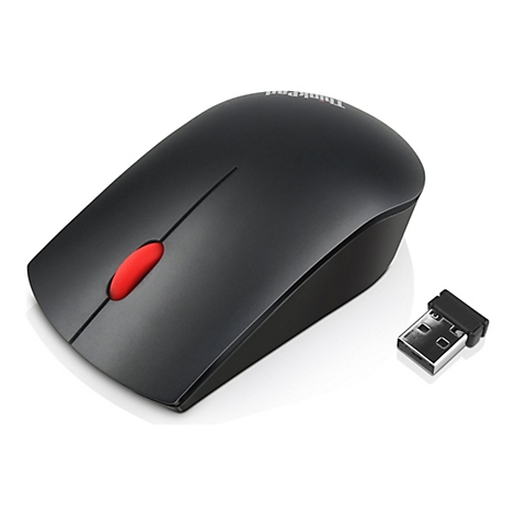 Souris d'ordinateur noire avec bouton de souris rouge et récepteur USB. Inscription 'Thinkpad'.