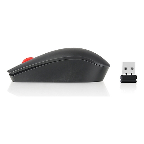Vue latérale d'une souris noire avec une boule rouge. Droite : récepteur USB.