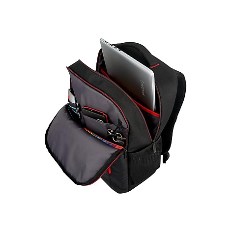 Schwarzer Rucksack mit roter Innenauskleidung, offen mit Laptop, Smartphone und SchlÃ¼sseln. ReiÃŸverschlusstaschen.
